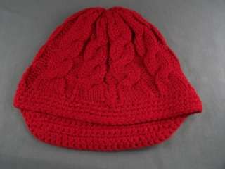 Red cable knit button ski brim hat cap beanie winter  