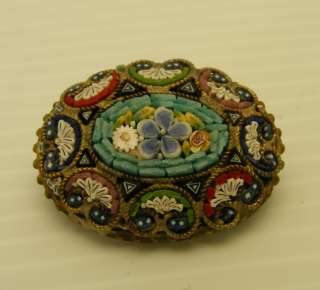 Antique Micro Pove Mosaic Flower Brass Back Pin Italy  