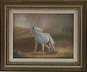White Horse Running in Field Art FRAMED OIL PAINTING  