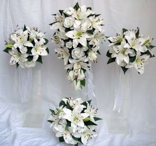 WEDDING BOUQUET SET, WHITE LILY & ROSES X 9 ITEMS  