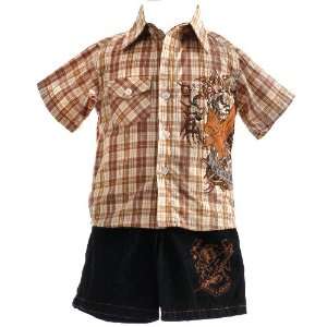   Boys Brown Plaid Shirt 3 Piece Denim Shorts Set 2T 4T: Allura: Baby