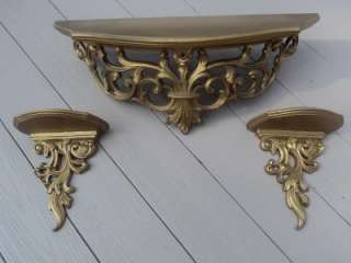 Vtg Syroco Wood Ornate Gold Curved Shelf w 2 Wall Sconce Shelves Very 