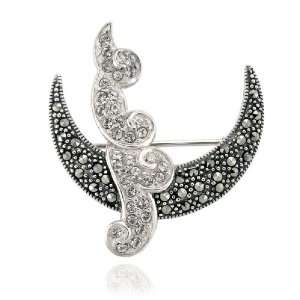    Sterling Silver Marcasite Crystal Moon and Cloud Pin: Jewelry