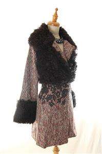   790 AUTH Mercella Faux Fur Embellished Tweed Wool Coat Brown L  