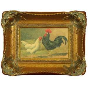 Framed Kitchen Artwork, Exquisitely Reproduced Antique Rooster Oil 