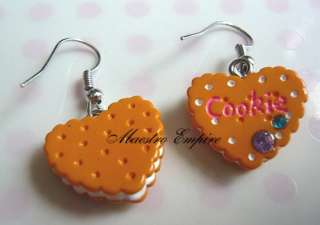 Tea Time Delicious Heart Love Cookie Biscuit Crystals Earrings  