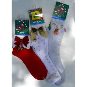  Three Pairs Girls Christmas Socks Size 9 11 with Bells and 