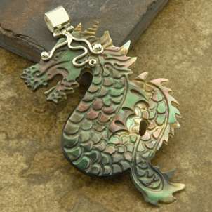 Mens dragon jewelry pendant made of green and red mother of pearl