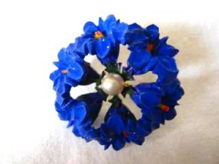   CELLULOID BAKELITE EARLY PLASTIC BROOCH PIN BLUE FLOWERS  