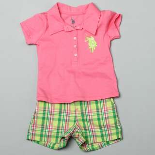 US Polo Toddler Girls Embroiderd Polo Shirt with Plaid Shorts 