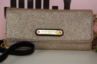 New JUICY COUTURE Gold Glitter Convertible Clutch Wallet c/ Shoulder 