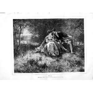  1871 SPRING SCENE MAN WOMAN ROMANCE TREES FLOWERS