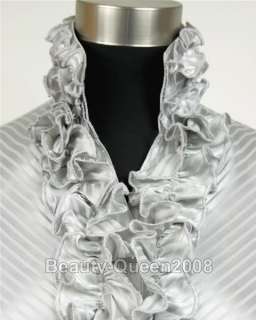NWT Ruffle Collar Shirt Stripe Blouse Gray/White Top SZ  