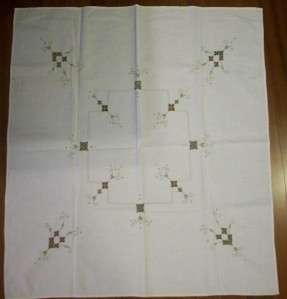 White Vintage Tablecloth with Cut Out Design and Gray Embroidery 