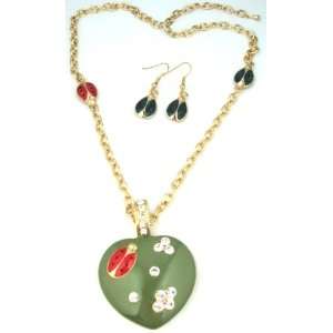   Enamel & Crystal Heart Pendant with Matching Ladybug Earrings: Jewelry