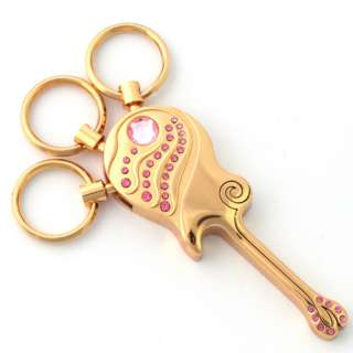 Crystal Jewel Golden Plated Guitar Key Ring Chain 3 Swivel Split Ring 