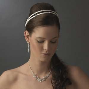  Charming 2 Row White Flower Headband w/ Clear Crystals in 