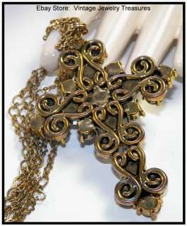   Rhinestone Gold Tone Cross Pendant Necklace Multi Strand Chain  