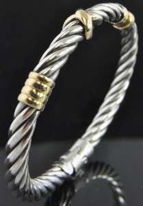 Sterling Silver & 14K Yellow Gold Rope Cable Twist Two Tone X Bangle 