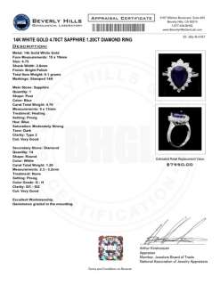 7950 CERTIFIED 14K WHITE GOLD 4.70CT SAPPHIRE 1.20CT DIAMOND RING 