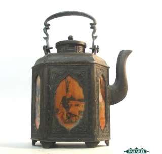 Fine Chinese Pewter And Painted Glass Teapot China 1920  