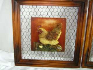 PAIR OF WOOD FRAMED & CHICKEN WIRE ROOSTER WALL PLAQUES  