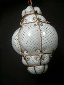 Mid Century Modern Seguso Murano Marbro White Latticino Hanging Lamp 