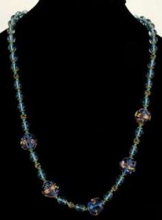 Vintage Venetian Wedding Cake Blue Pink Gold Glass Beads Necklace 
