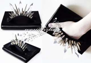   Blk Punk Faux Leather Metal Silver Spike Studded Hardware Clutch Bag