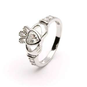 APRIL Birthstone Silver Claddagh Ring LS SL90 4   Size 7 Made in 