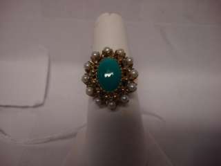 Vintage 14kt yellow gold pearl turquoise color ring  