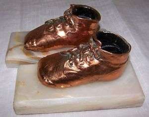 CUTE PAIR COPPER BABY SHOE VINTAGE BOOKENDS ONXY BASES  