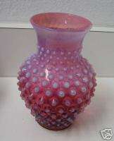 Antique Fenton cranberry glass hobnail vase  