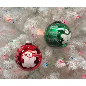  Set Of 2 Red & Green Snowman Glass Ball Christmas 