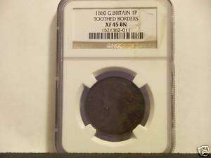1860 Great Britain One Penny NGC XF 45 BN Toothed  