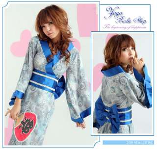 JAPANESE LONG SLEEVE GEISHA KIMONO COSPLAY DRESS BLUE  