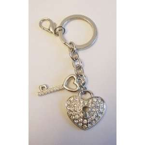  Heart Lock & Key Silver Tone Crystal Key Chain with Clear 