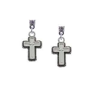  Silver Cross with Rope Border Clear Swarovski Post Charm 