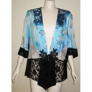 SPENCER ALEXIS Blue Floral Silver Black Lace Kimono Jacket 1X NWT NEW 