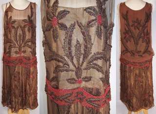   Gold Lamé Brown Silk Red & Bronze Beaded Flapper Dress As Is Vintage