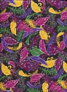 MARDI GRAS FEATHERS PLUMES W/GOLD~ Cotton Quilt Fabric  