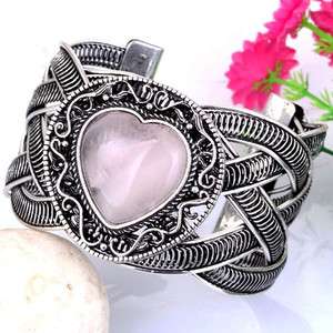 pink heart glass cat eye VTG Tibet silver cuff bracelet  