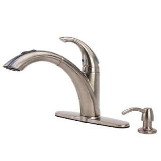    Handle Pull Out Kitchen Faucet with Soap Dispenser in Brushed Nickel