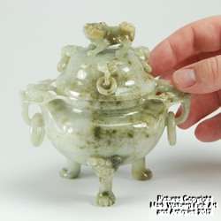 Chinese Jadeite Jade Tripod Censer, Foo Lion, Early 20th Century 