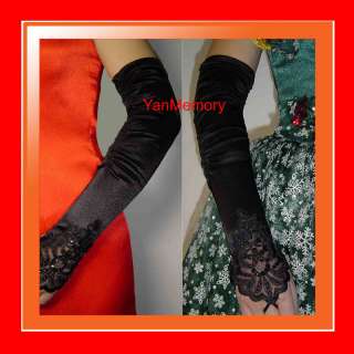 Black Stretch Satin Lace Fingerless Long Opera Gloves  