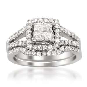 14k White Gold Princess cut & Round Composite Diamond Engagement Ring 