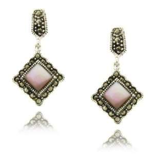   Sterling Silver Vintage Design Marcasite Pink Shell Square Earrings