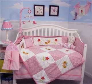 Pink Suede Butterflies Garden Baby Crib Bedding Set 10pcs  