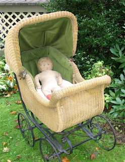   Whitney Wicker Baby Buggy Pram Baby Carriage w/Old Hand Made Doll