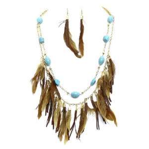 Statement Necklace Set; 24L; Gold Metal; Turquoise Stone Beads; Brown 